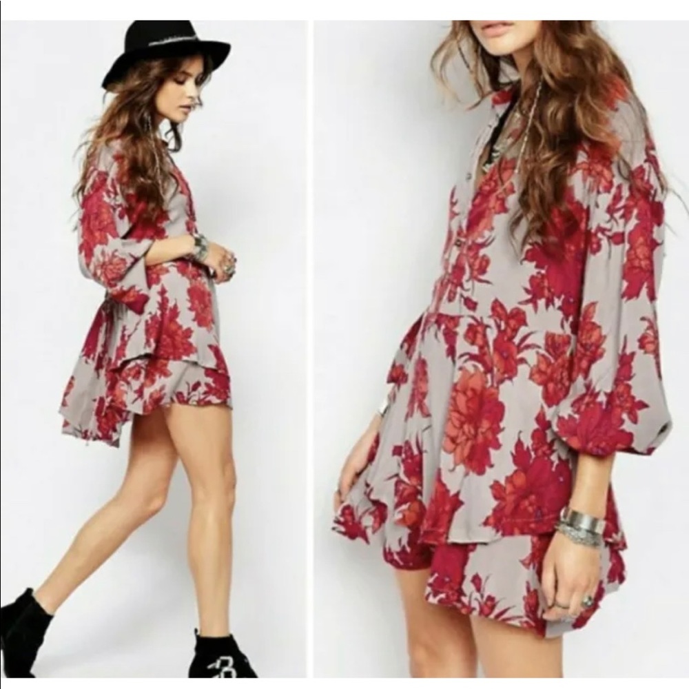 Free People Shake It Mini Dress Gray & Red Floral Long Sleeve Small Oversized